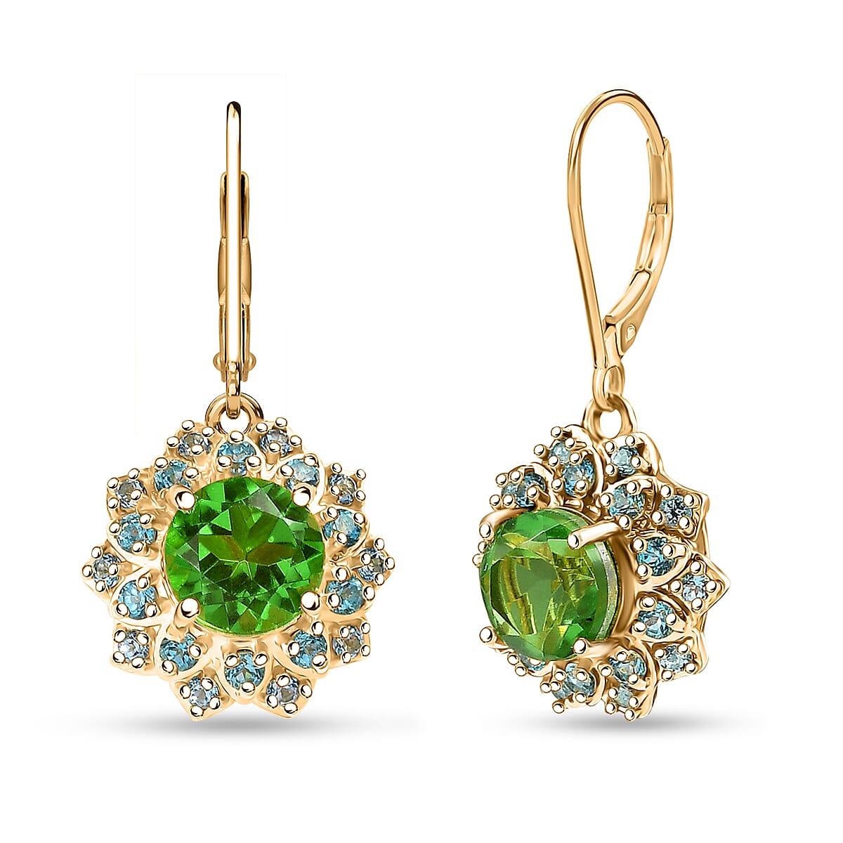 EverTrue Chartreuse Quartz (Triplet) and Signity Ice Blue and Paraiba Topaz 4.30 ctw Sunspire Bloom Earrings in 18K YG Plated and Stainless Steel