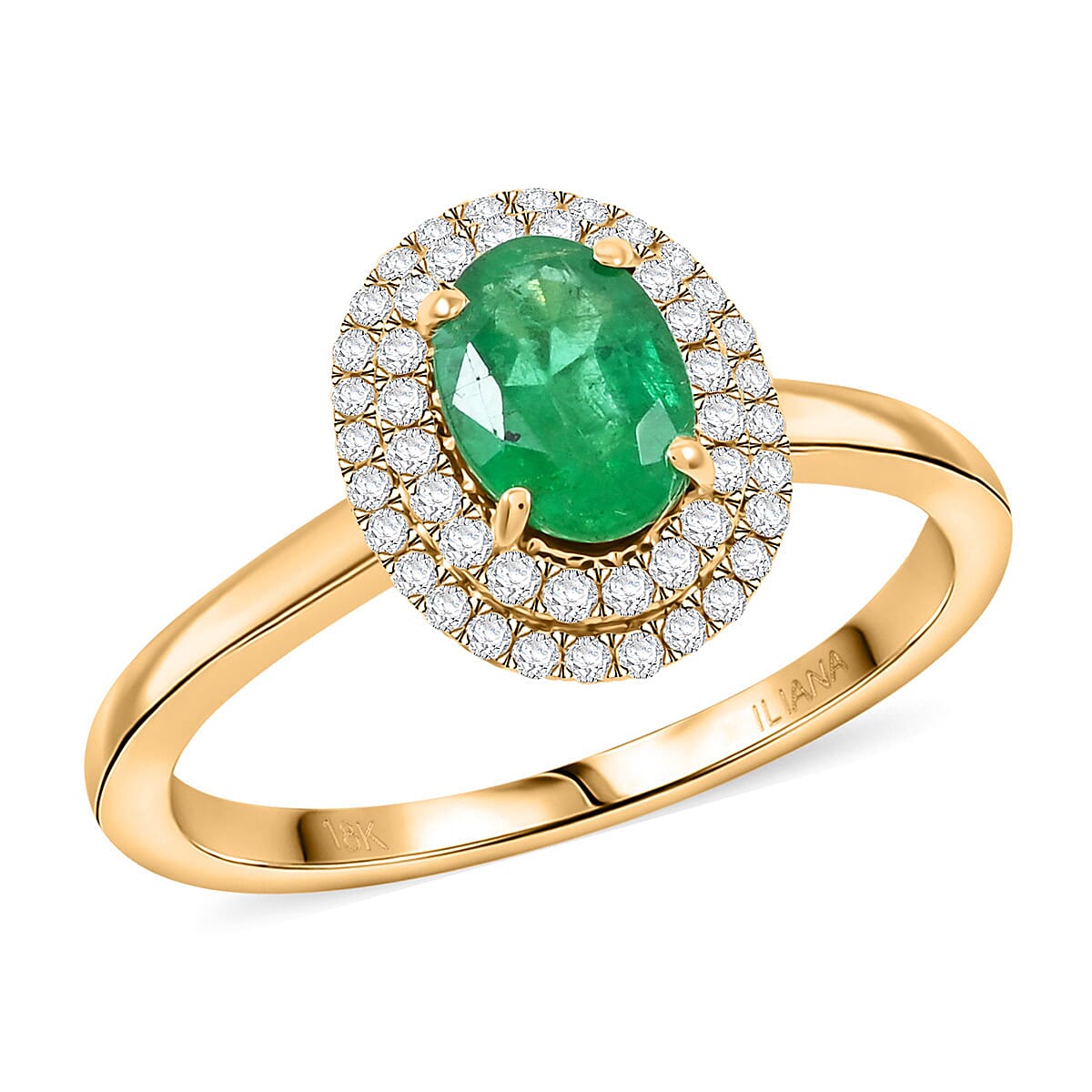 Certified & Appraised Iliana AAAA Kagem Zambian Emerald and SI Diamond 1.00 ctw Double Halo Ring in 18K Yellow Gold (Size 10.0)