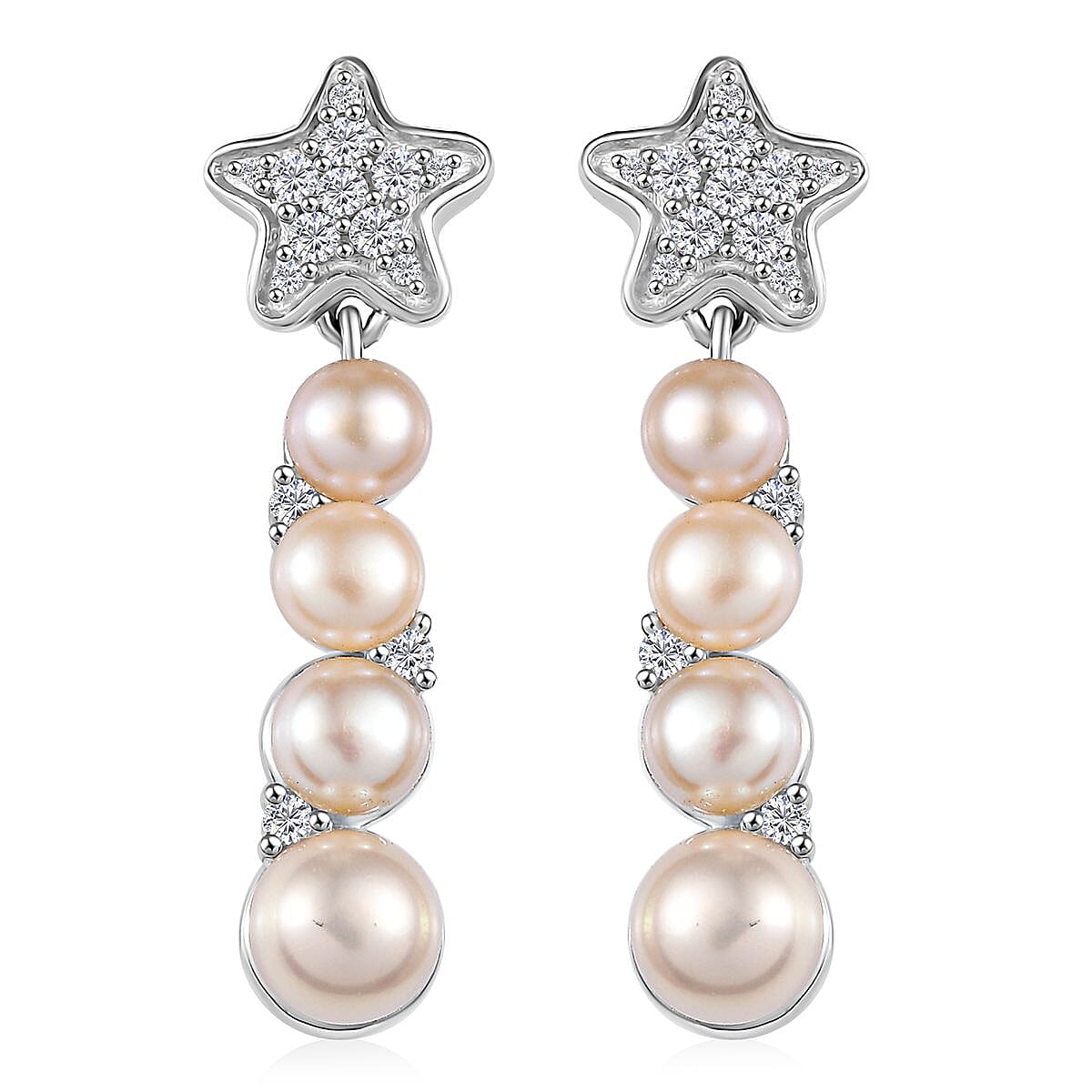GP Capri Special Collection Freshwater Pearl and White Zircon 3.30 ctw Earrings in Rhodium Over Sterling Silver