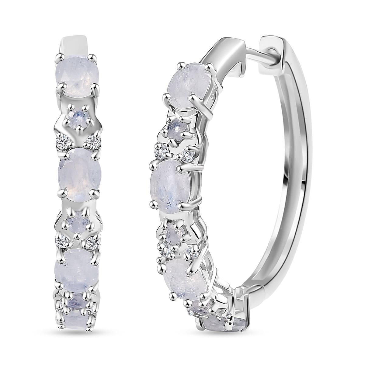 Karis Moon Glow Moonstone and White Zircon 2.75 ctw Hoop Earrings in Platinum Bond