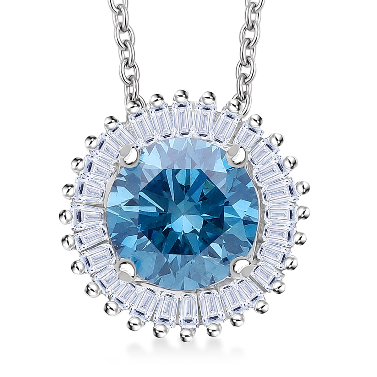 Luxuriant Lab Grown Blue and White Diamond SI 1.00 ctw Halo Majesty Pendant in Rhodium Over Sterling Silver