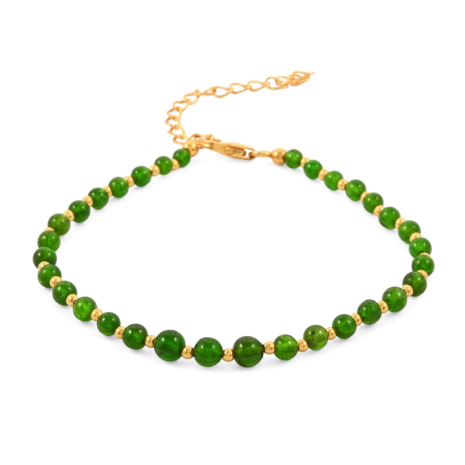 AAAA RARE FIND Chrome Diopside 11.00 ctw Beaded Bracelet in 18K Vermeil Yellow Gold Over Sterling Silver (7.25-9.25In)