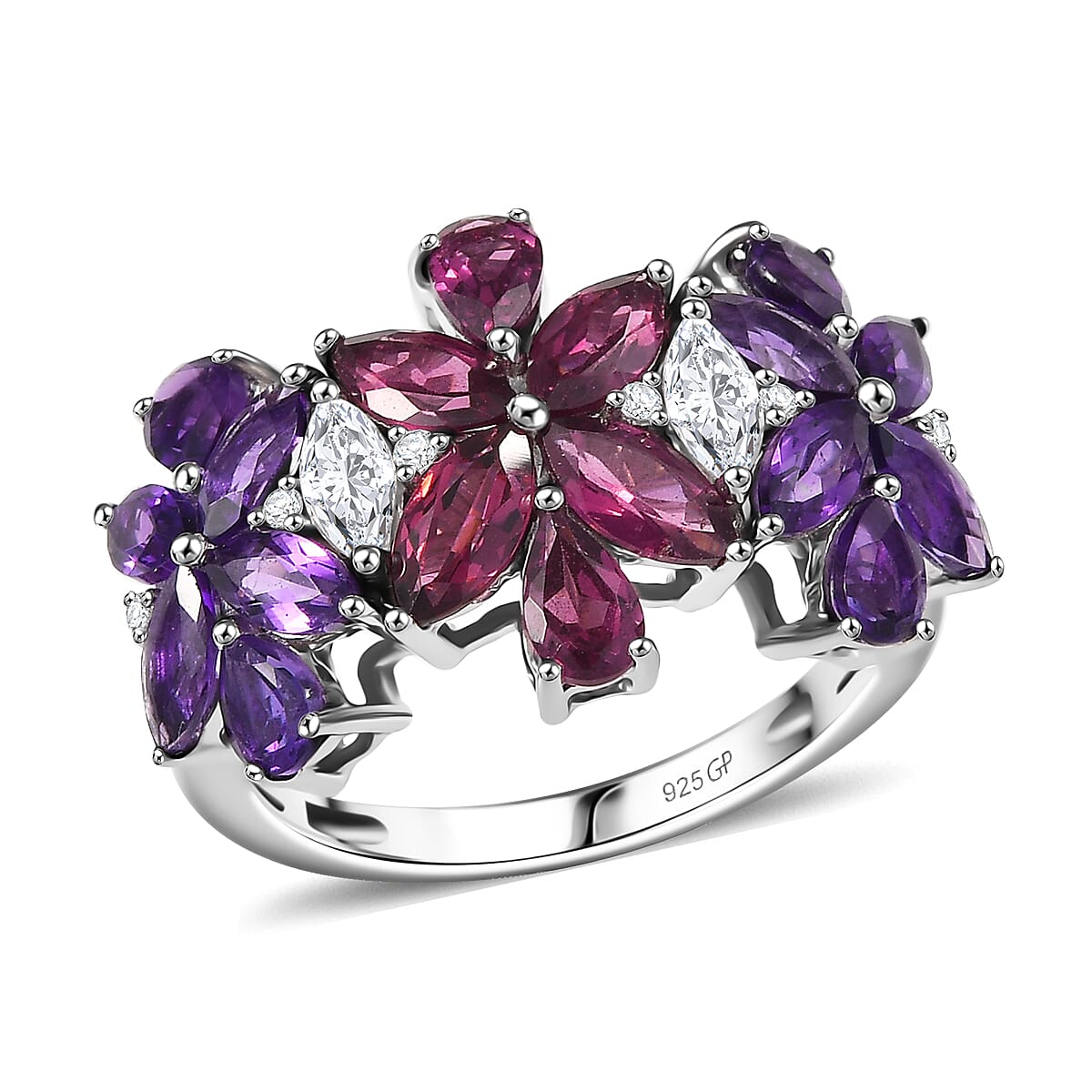 GP Multi Gemstone Floral Ring in Rhodium Over Sterling Silver (Size 10.0) 4.00 ctw