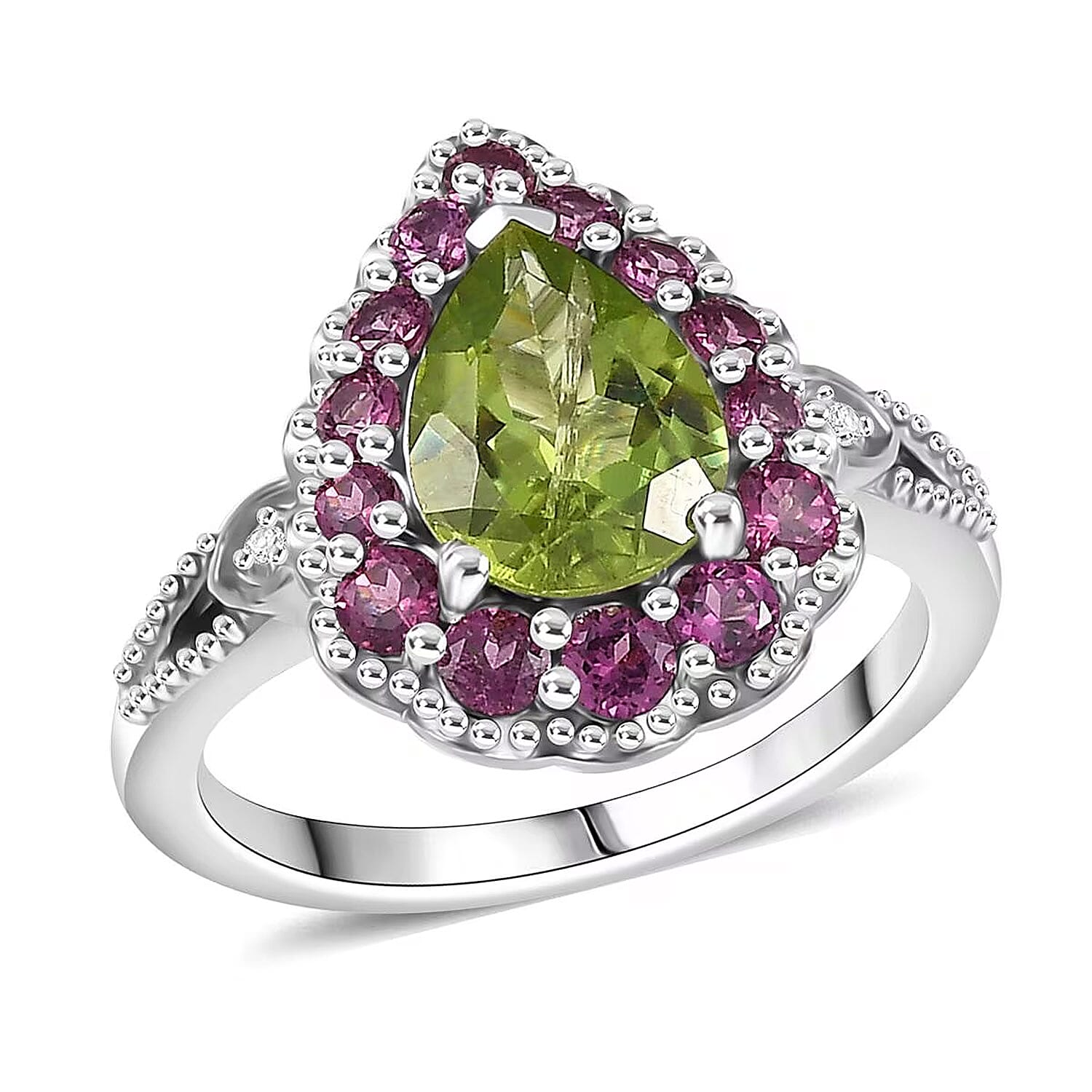 D'Joy Peridot and Multi Gemstone 2.60 ctw Ring in Rhodium Over Sterling Silver (Size 10.0)