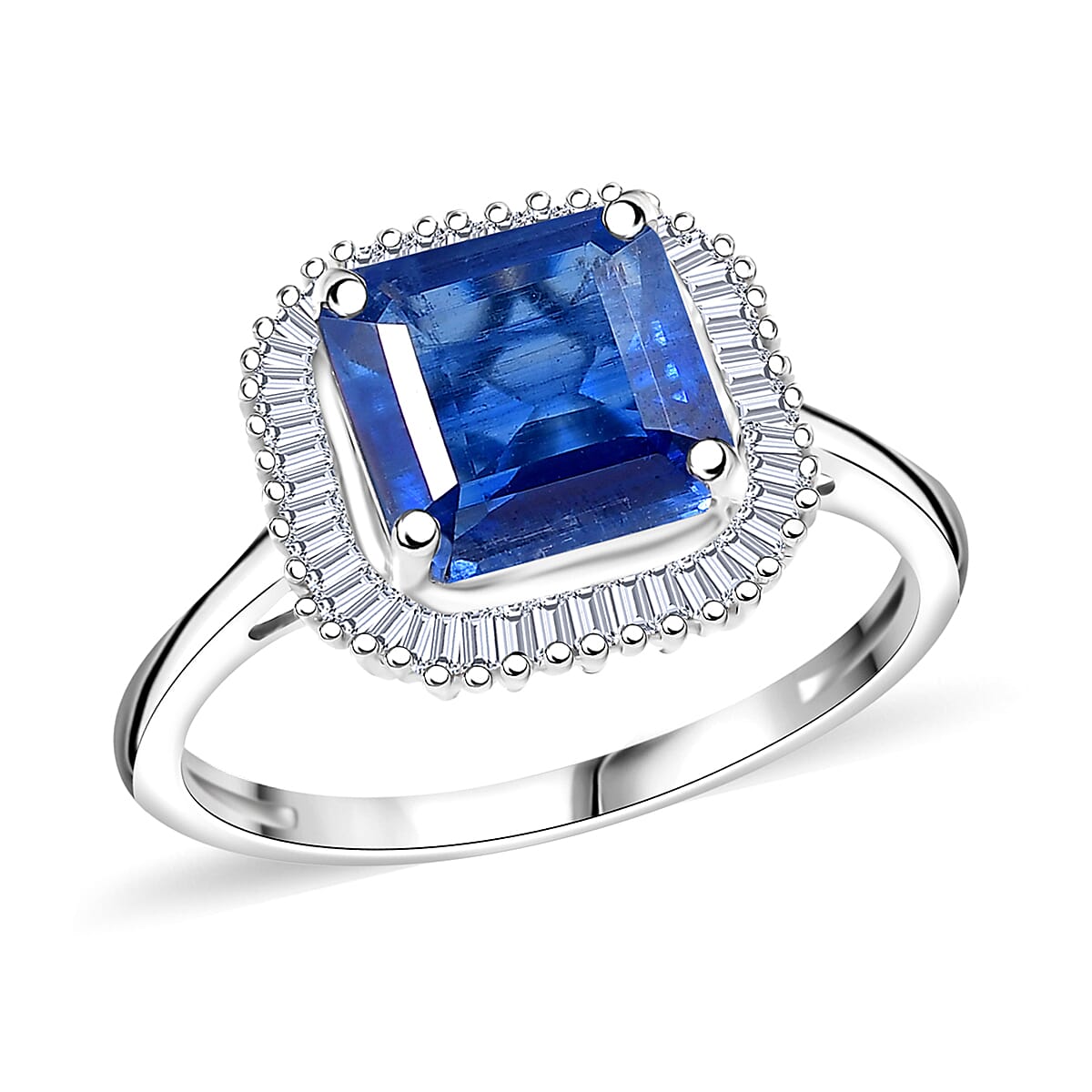 D'Joy Asscher Cut Premium Kashmir Kyanite and Diamond 3.40 ctw Art Deco Ring in Rhodium Over Sterling Silver