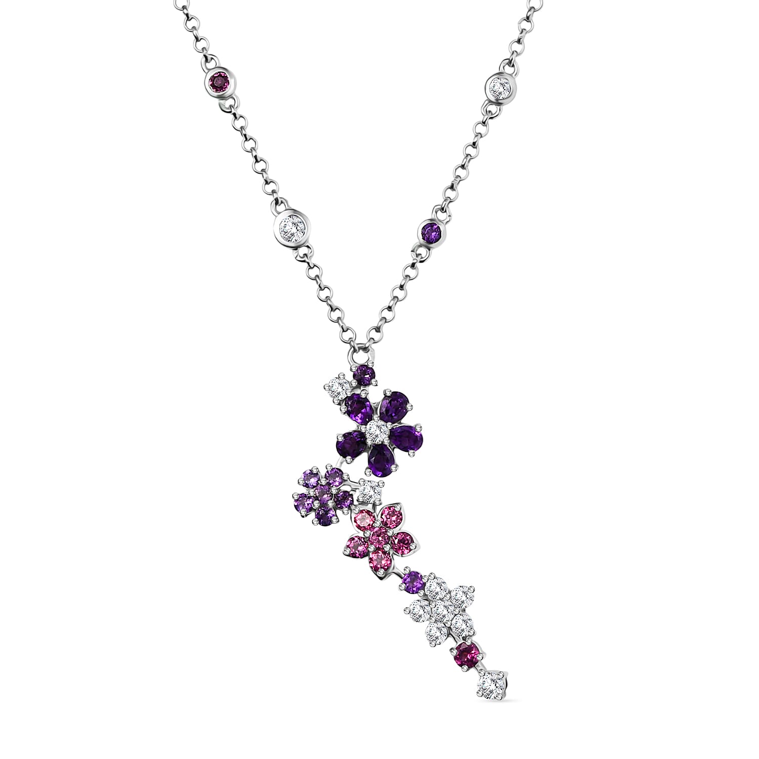 GP Italian Garden Collection Multi Gemstone 3.30 ctw Flower Necklace in Rhodium Over Sterling Silver 18 Inches