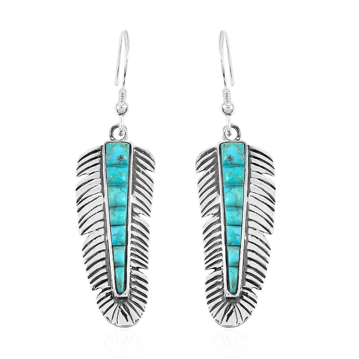 Santa Fe Style Kingman Turquoise Feather Earrings in Sterling Silver 2.50 ctw