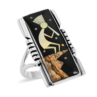 Santa Fe Style Black Onyx and Multi Gemstone 8.00 ctw Kokopelli Ring in Sterling Silver (Size  10.0)