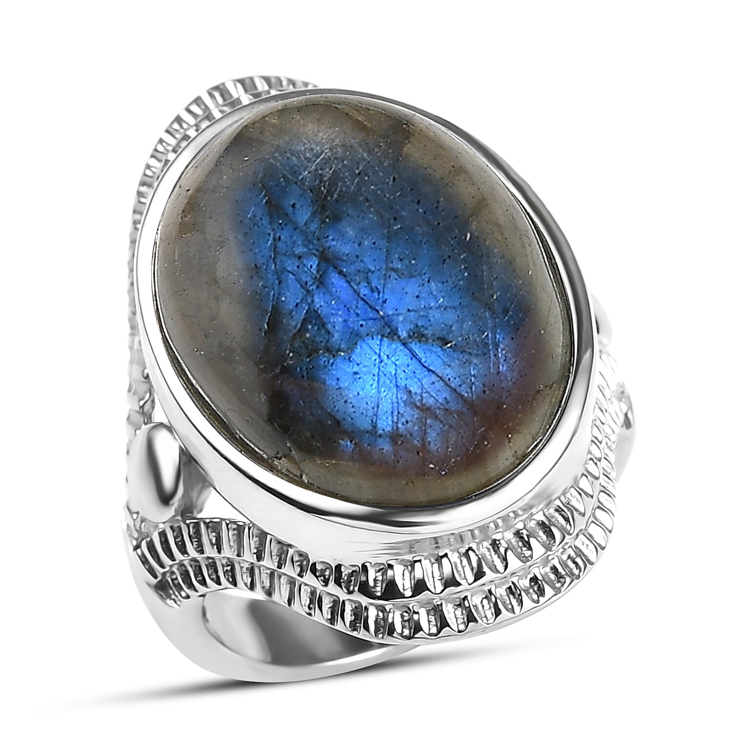 EverTrue Malagasy Labradorite 18.75 ctw Intricate Filigree Ring in Stainless Steel (Size 10.0)