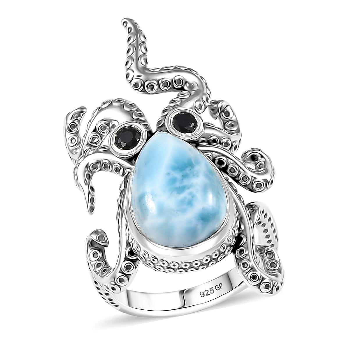 GP Artisan Crafted Premium Larimar and Thai Black Spinel 7.00 ctw Octopus Ring in Sterling Silver (Size 10.0)