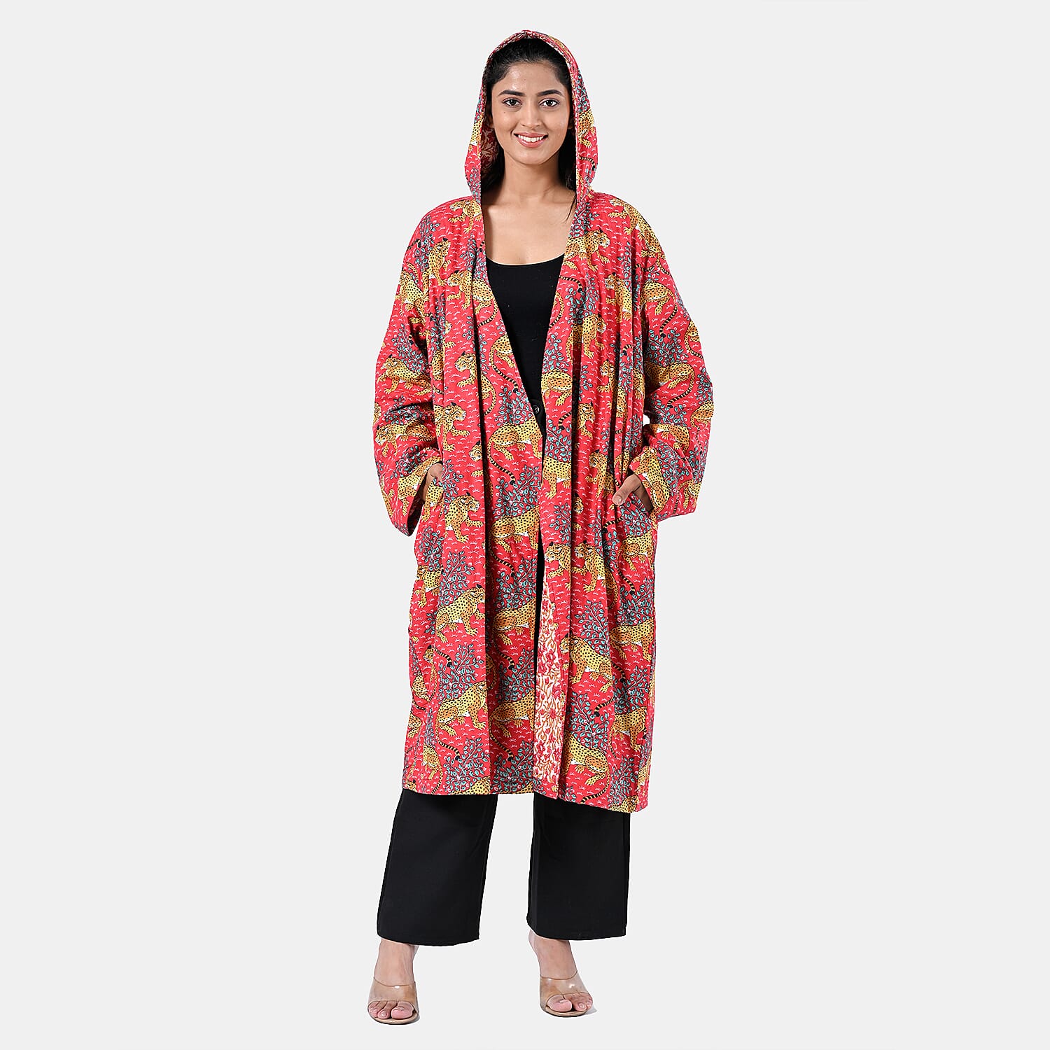 LA MAREY Black Ikat 100% Cotton Cambric Hand Printed Oversize Long Coat with Hood and Pockets- One Size Fits Most