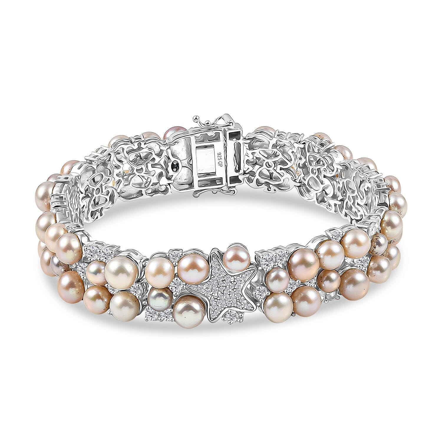 GP Capri Special Collection Freshwater Pearl and White Zircon 10.50 ctw Bracelet in Rhodium Over Sterling Silver (7.25 In)