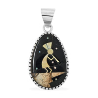Santa Fe Style Black Onyx, Multi Gemstone Kokopelli Pendant in Sterling Silver 12.50 ctw