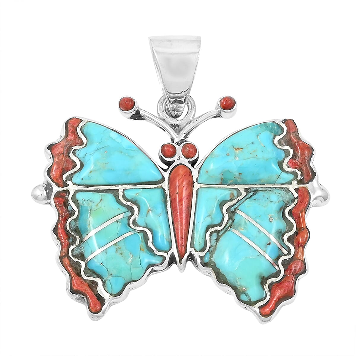 Santa Fe Style Enhanced Red Coral, Kingman Turquoise Butterfly Pendant in Sterling Silver 24.00 ctw