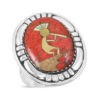 Santa Fe Style Enhanced Red Coral, Multi Gemstone Kokopelli Ring in Sterling Silver (Size 10.0) 8.00 ctw