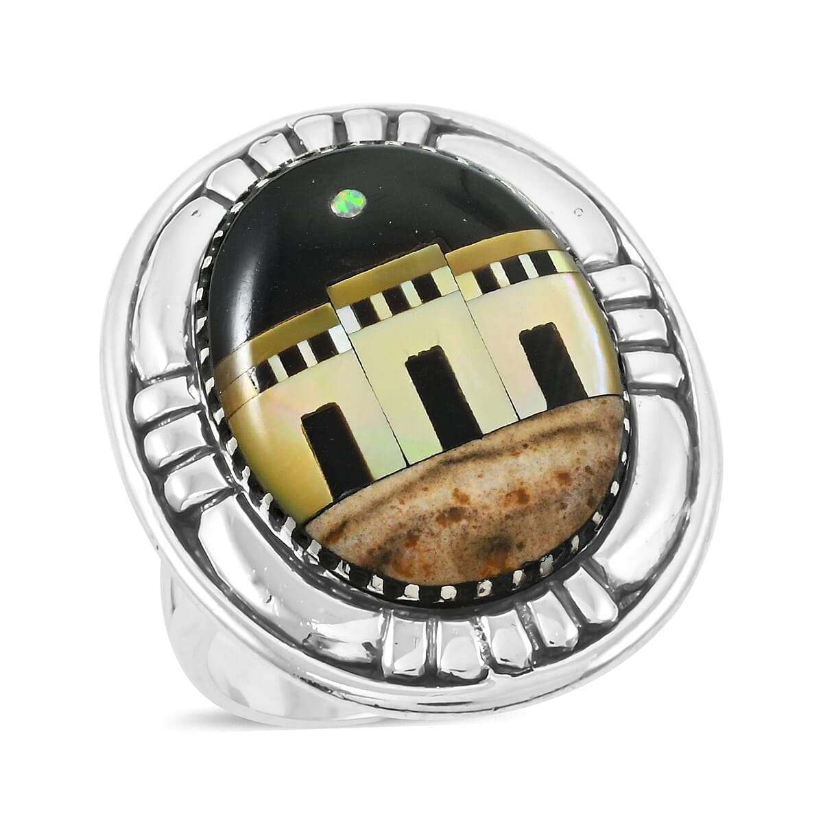 Santa Fe Style Black Onyx, Multi Gemstone Pueblo Ring in Sterling Silver (Size 10.0) 23.00 ctw