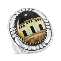 Santa Fe Style Black Onyx, Multi Gemstone Pueblo Ring in Sterling Silver (Size 10.0) 23.00 ctw