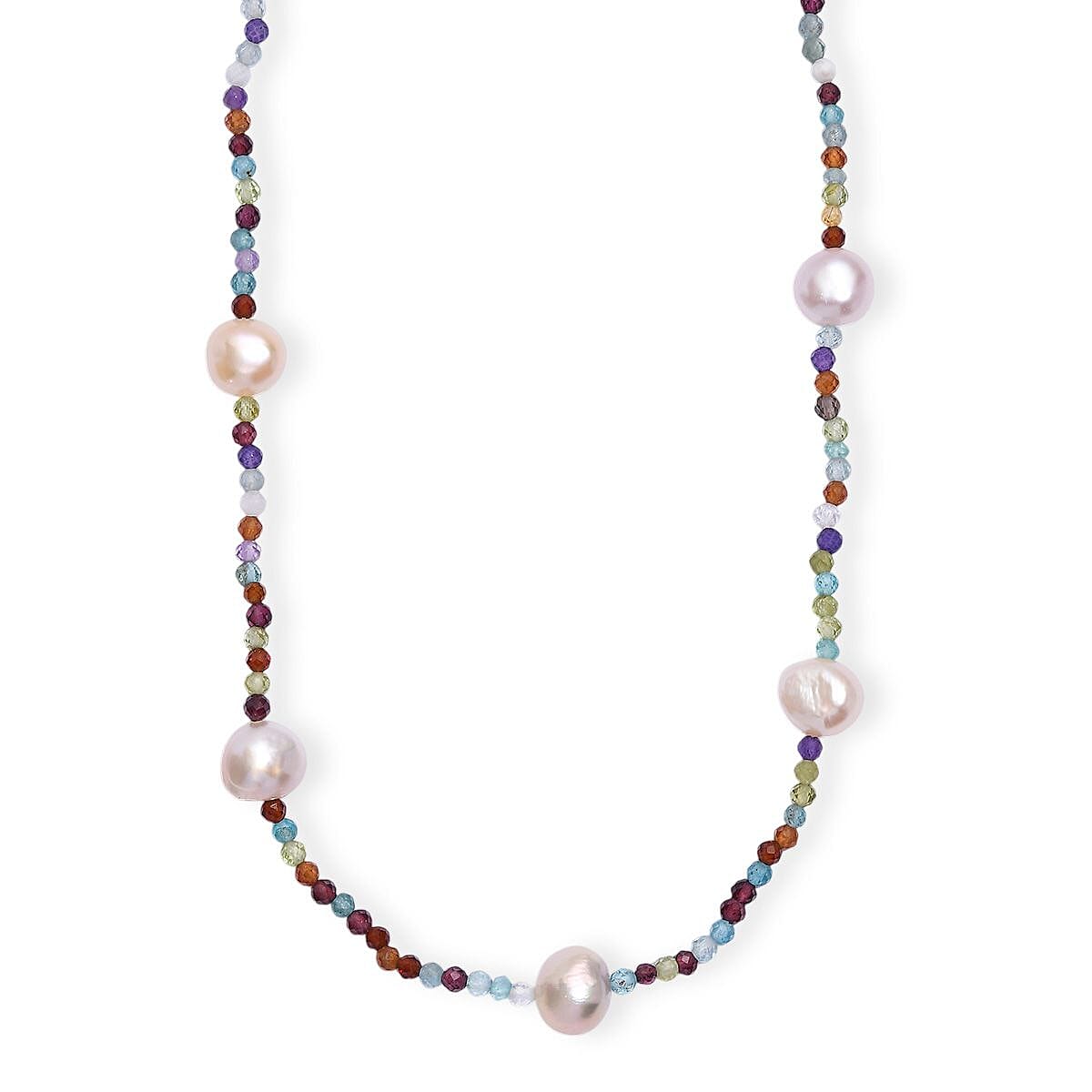 Multi Color Freshwater Pearl and Multi Gemstone 30 ctw Necklace 24 Inches in Rhodium Over Sterling Silver