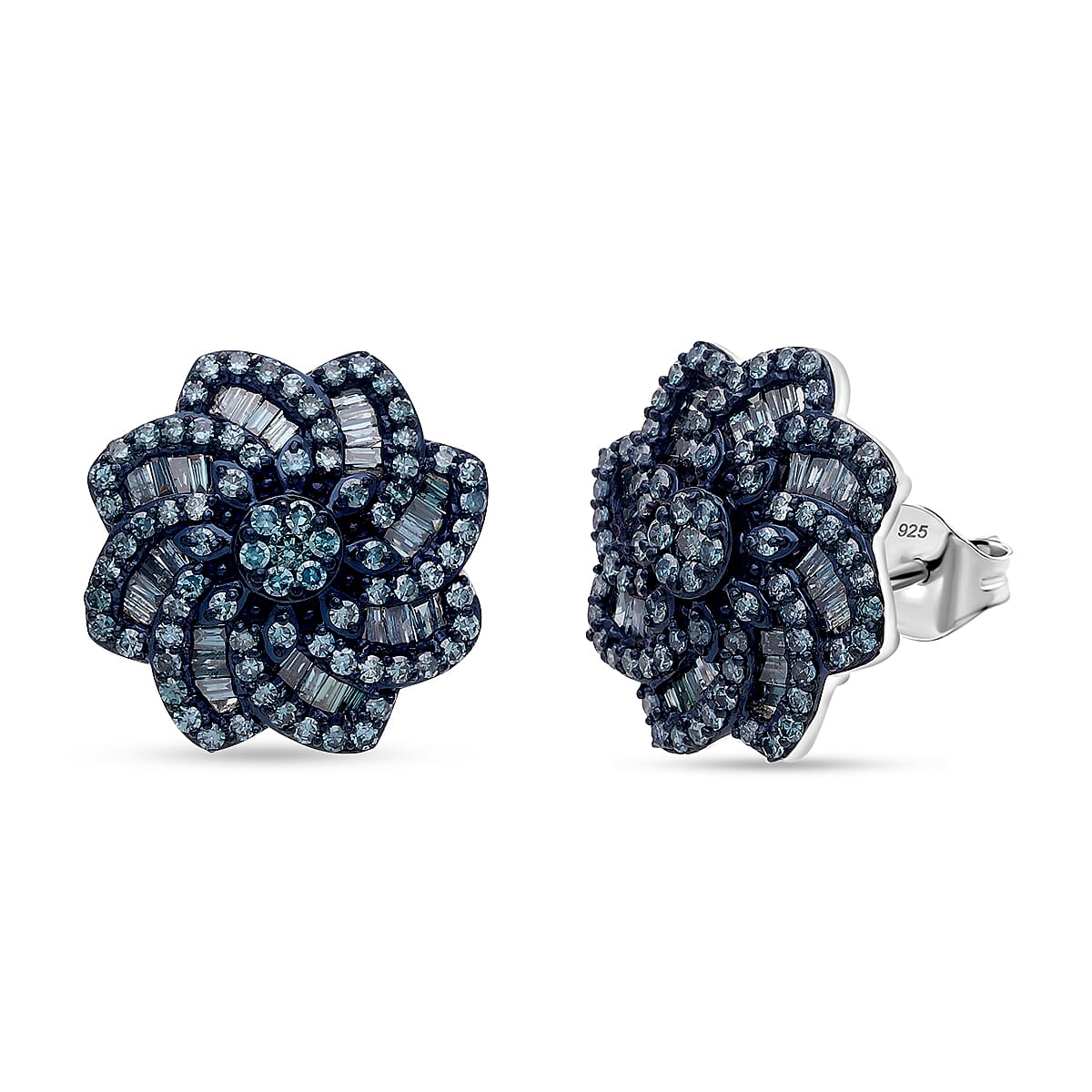 D'Joy Blue Diamond 1.50 ctw Floral Earrings in Rhodium Over Sterling Silver