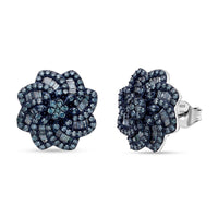 D'Joy Blue Diamond 1.50 ctw Floral Earrings in Rhodium Over Sterling Silver