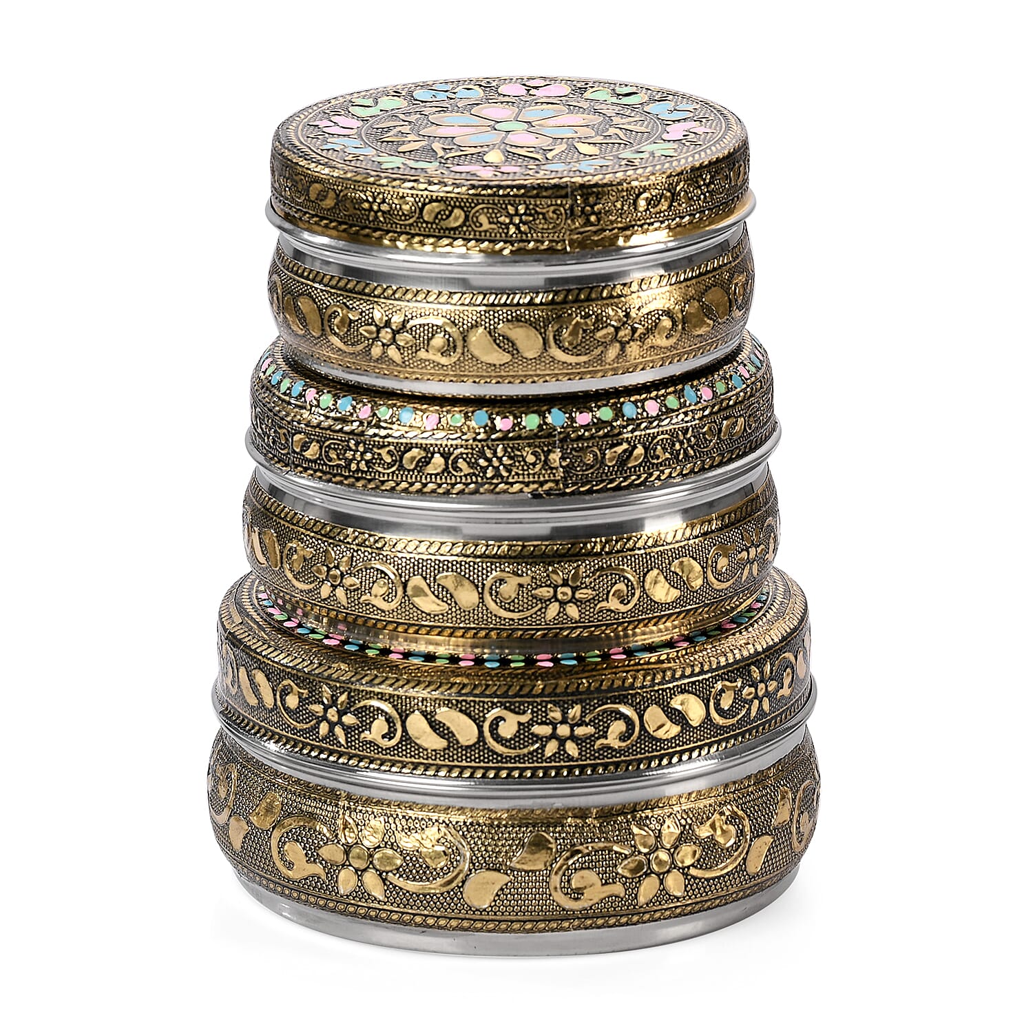 Handcrafted Set Of 3 Floral Embossed Oxidized Storage Container (3.5x3.5", 4x4", 4.5x4.5")