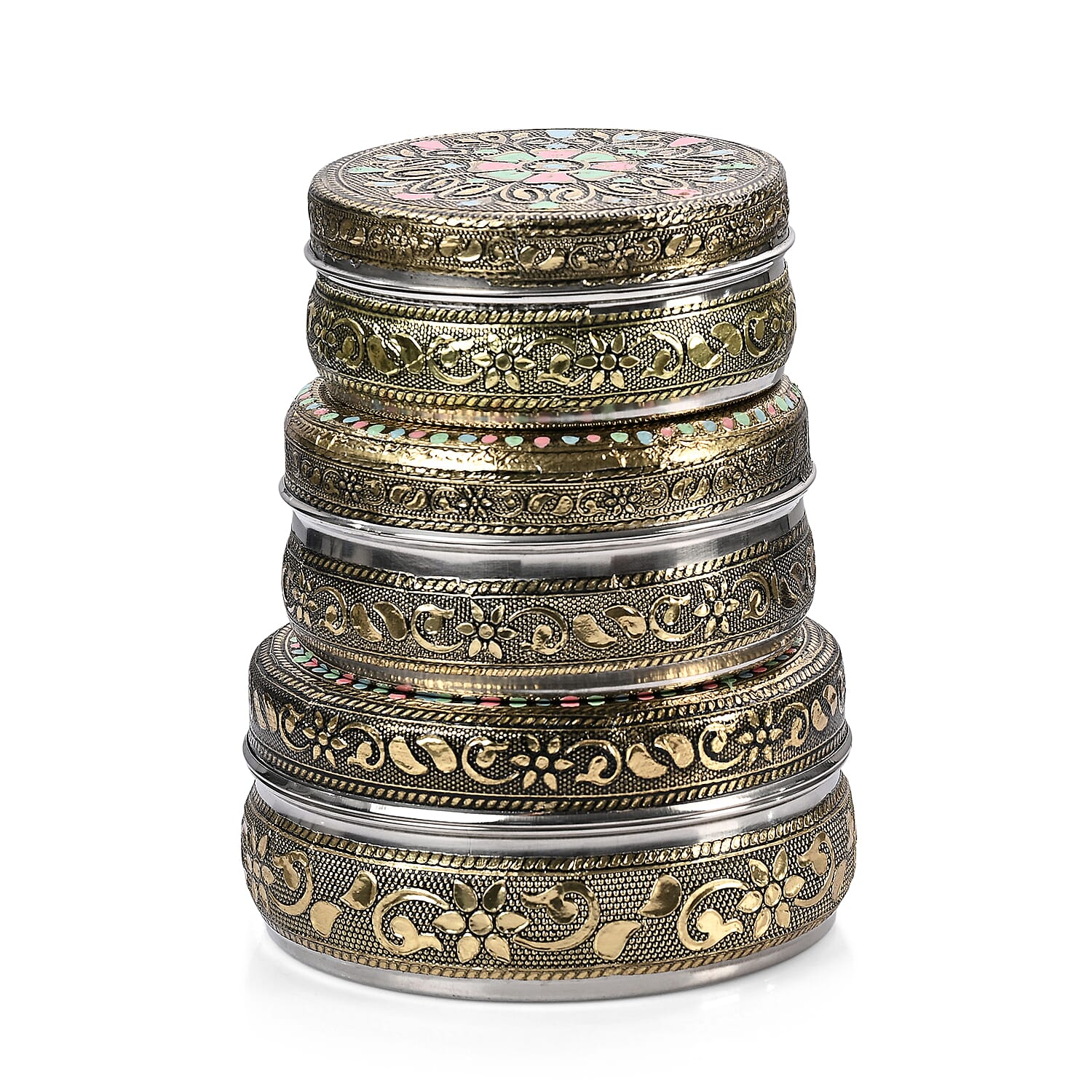 Handcrafted Set Of 3 Floral Embossed Oxidized Storage Container (3.5x3.5", 4x4", 4.5x4.5")