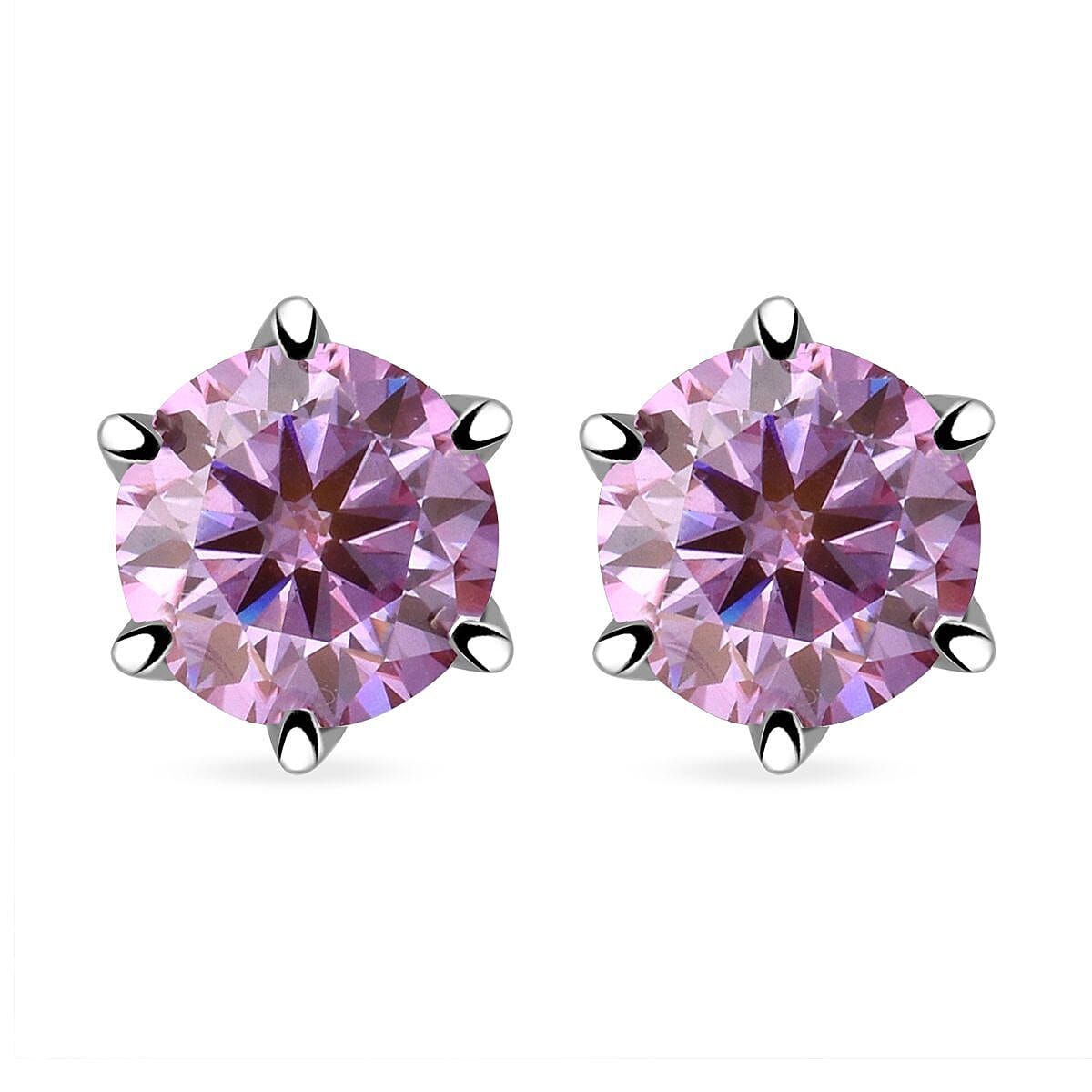 D'Joy Pink Moissanite (Rnd 6.5mm) Solitaire Stud Earrings in Rhodium Over Sterling Silver 1.90 ctw