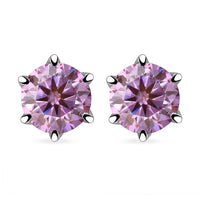 D'Joy Pink Moissanite (Rnd 6.5mm) Solitaire Stud Earrings in Rhodium Over Sterling Silver 1.90 ctw