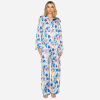 Badgley Mischka Blue Floral Satin Button up Pajama Set - L