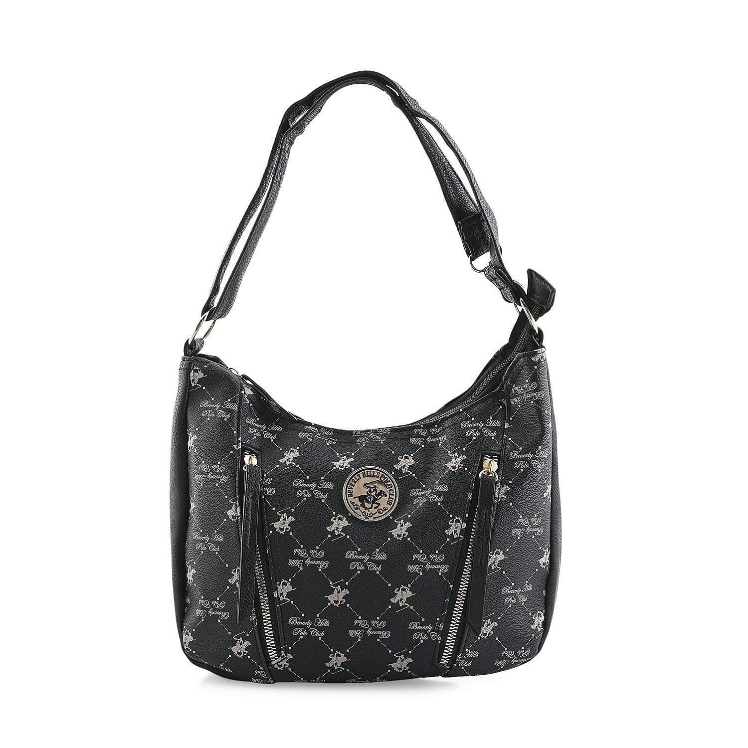 Beverly Hills Polo Club Black Logo Pattern Vegan Leather Shoulder Bag