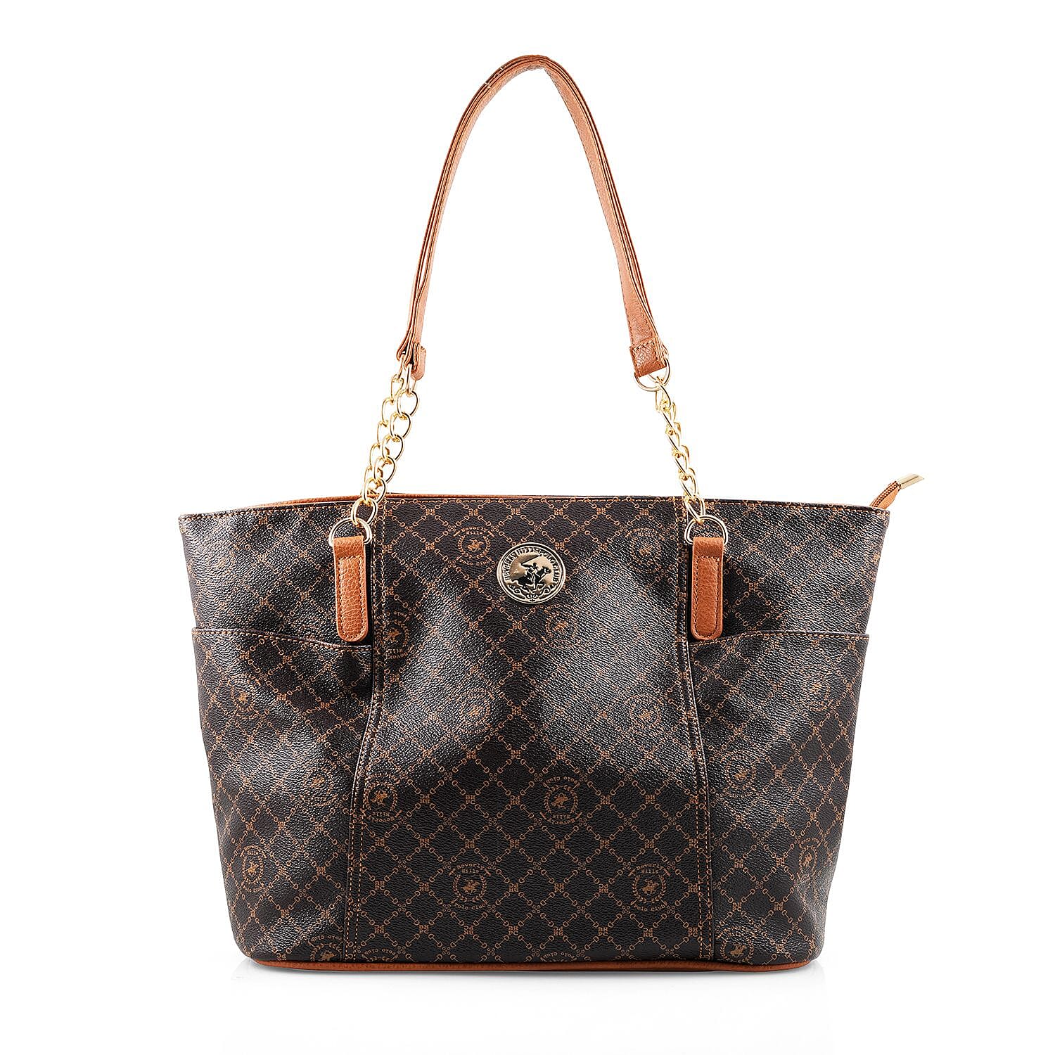Beverly Hills Polo Club Brown Logo & Link Pattern Vegan Leather Shoulder Bag