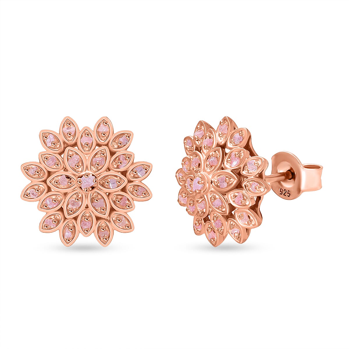 D'Joy Uncut Natural Pink Diamond 0.33 ctw Floral Stud Earrings in 18K Vermeil Rose Gold Over Sterling Silver