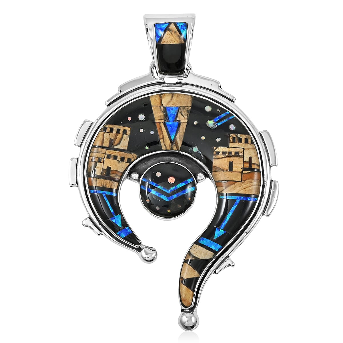 Santa Fe Style Black Onyx, Jasper Pueblo Pendant in Sterling Silver 22.00 ctw