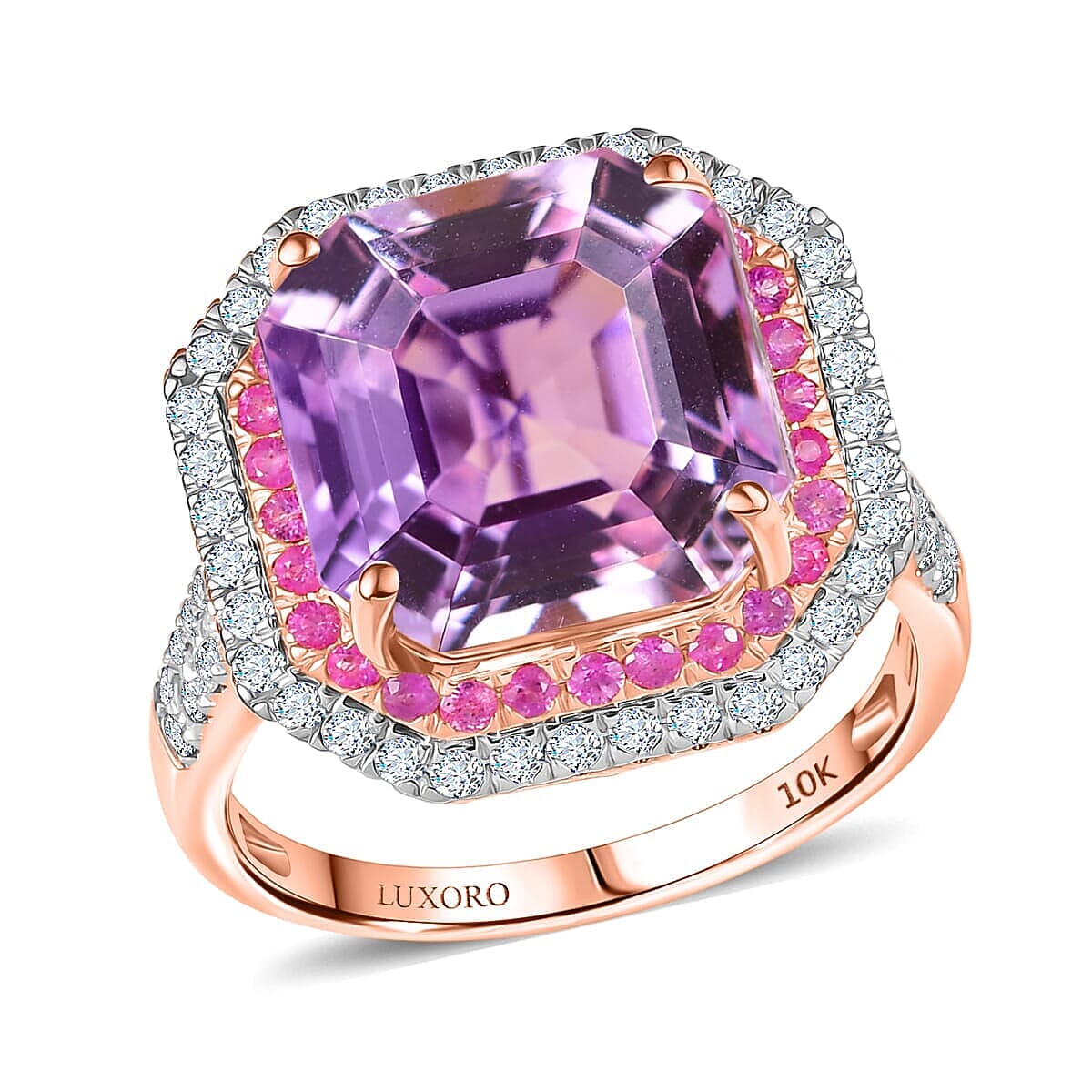 Luxoro 10K Rose Gold Premium Asscher Cut Martha Rocha Kunzite, Pink Sapphire and Diamond (G-H, I2) Blushfire Ring (Size 6.0) 11.30 ctw
