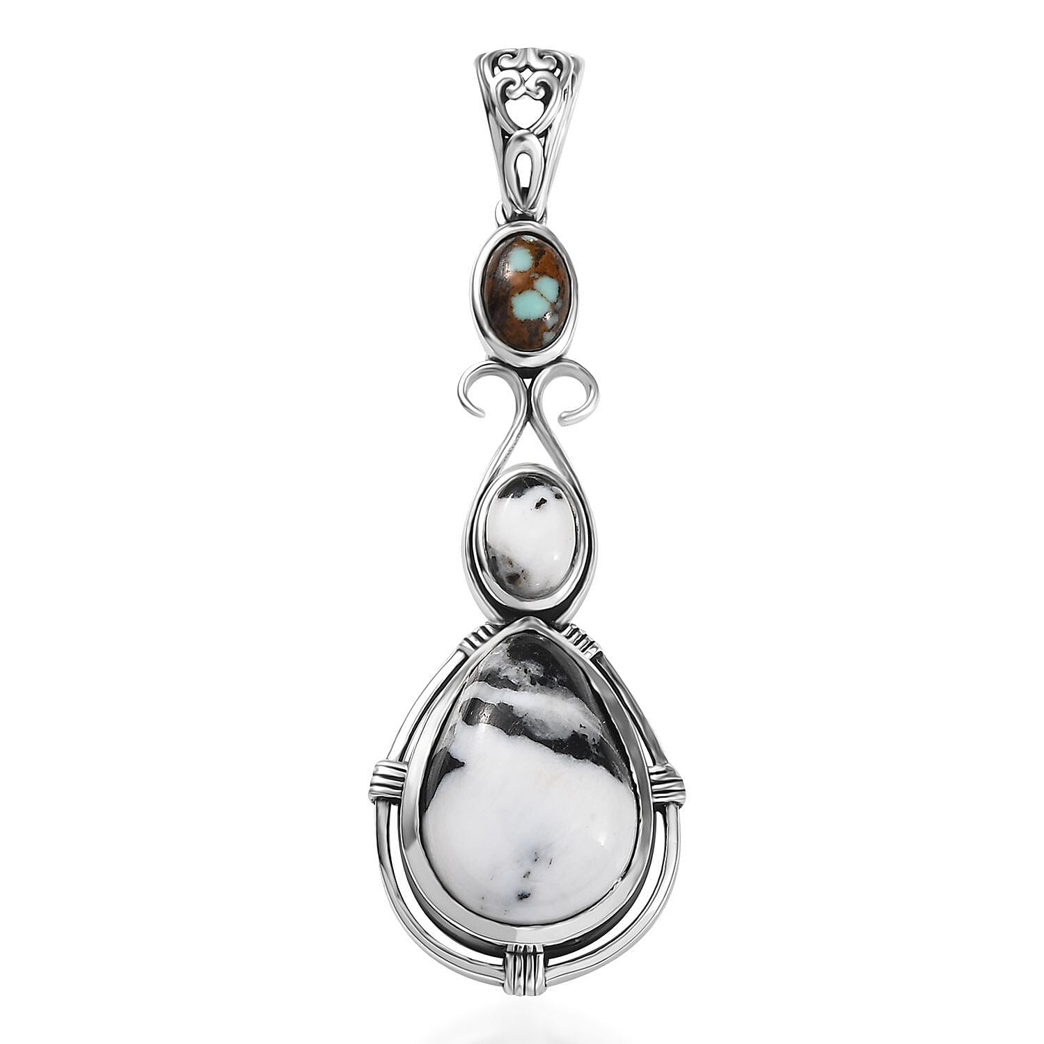 D'Joy Artisan Crafted White Buffalo and Blue Horizon Turquoise 6.70 ctw Pendant without Chain in Sterling Silver
