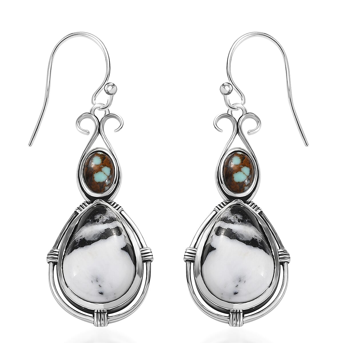 D'Joy Artisan Crafted White Buffalo and Blue Horizon Turquoise 3.90 ctw Earrings in Sterling Silver