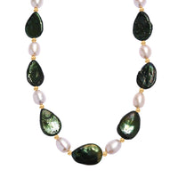 Green Jade (D) and  FreshWater Pearl 100.00 ctw Necklace in Stainless Steel (18 Inches)