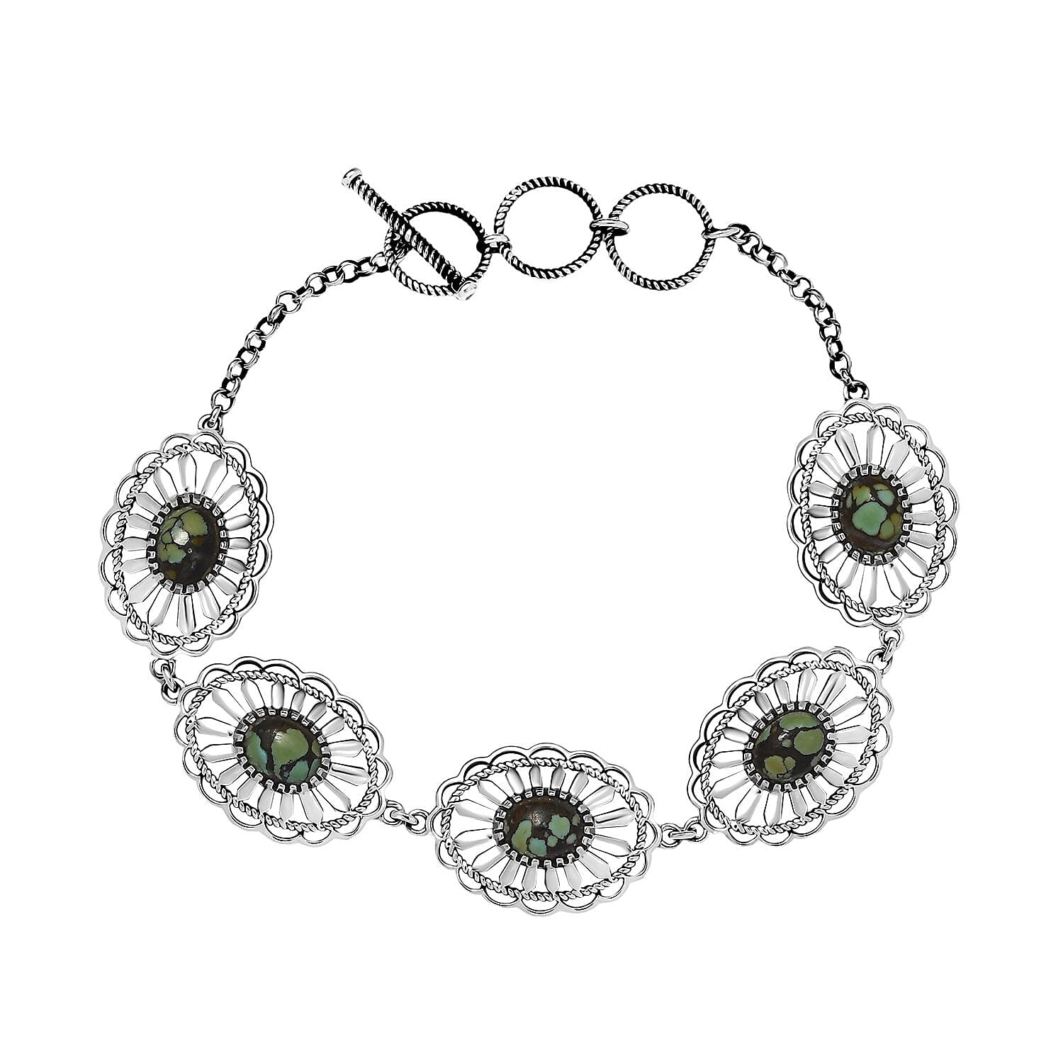 D'Joy Artisan Crafted Whispering Web Turquoise 6.10 ctw Concho Bracelet in Sterling Silver (6.50-8.0In)