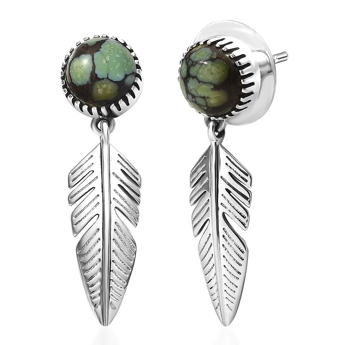 D'Joy Artisan Crafted Whispering Web Turquoise 4.20 ctw Eagle Feather Earrings in Sterling Silver