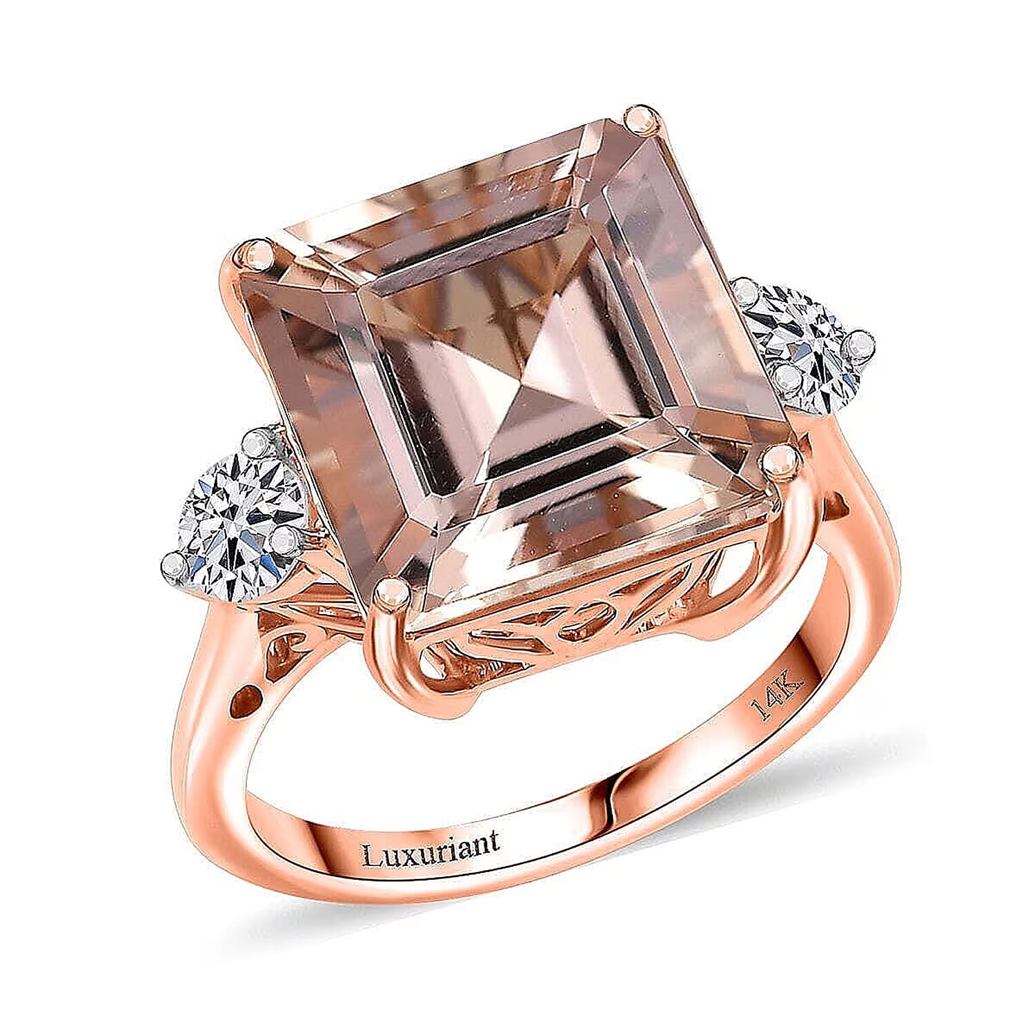 14K Rose Gold AAA Asscher Cut Marropino Morganite, Luxuriant Lab Grown Diamond (G-H, SI) Ring (Size 10.0) 8.35 ctw