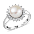 D'Joy Freshwater Pearl and White Zircon 0.65 ctw Sunburst Ring in Rhodium Over Sterling Silver - Sticky add to cart bar