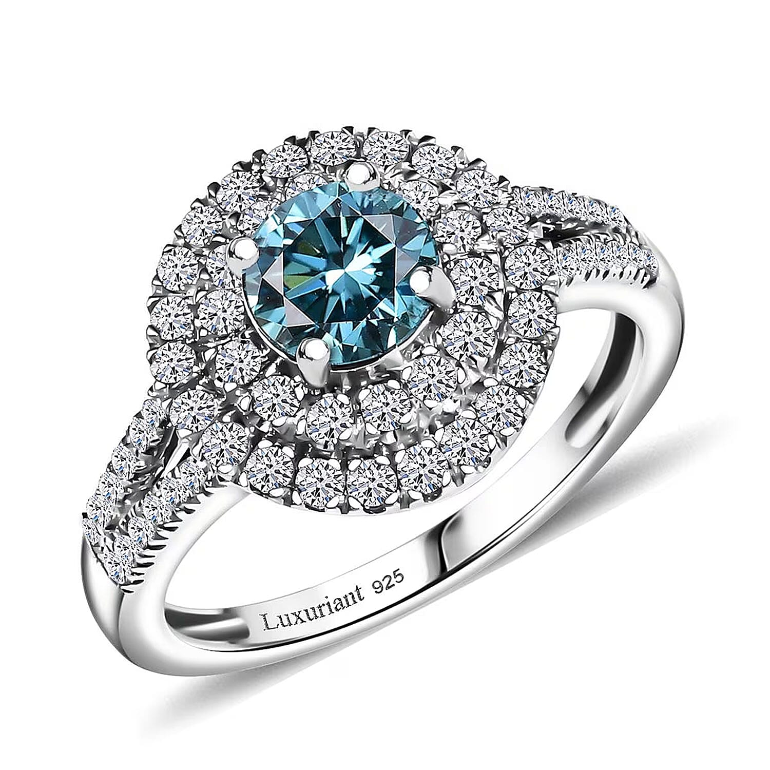 Luxuriant Lab Grown Blue and White Diamond (VS) Ring in Rhodium Over Sterling Silver (Size 6.0) 1.50 ctw