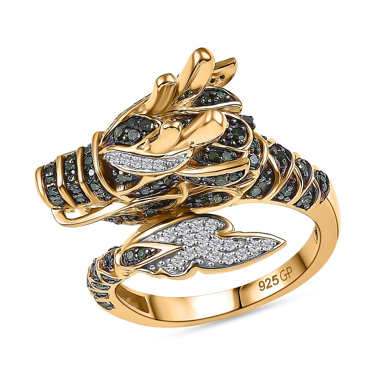 GP Green and White Diamond 0.60 ctw Ring in 18K Vermeil Yellow Gold Over Sterling Silver (Size 10.0)