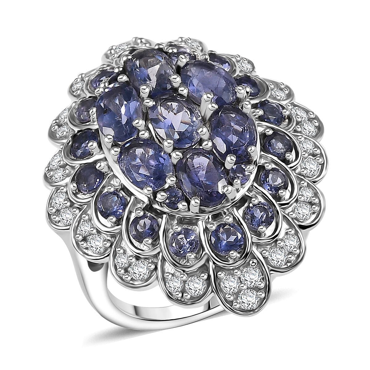D'Joy Catalina Iolite, White Zircon Astral Bloom Ring in Rhodium Over Sterling Silver (Size 10.0) (Del. in 10-12 Days) 4.50 ctw