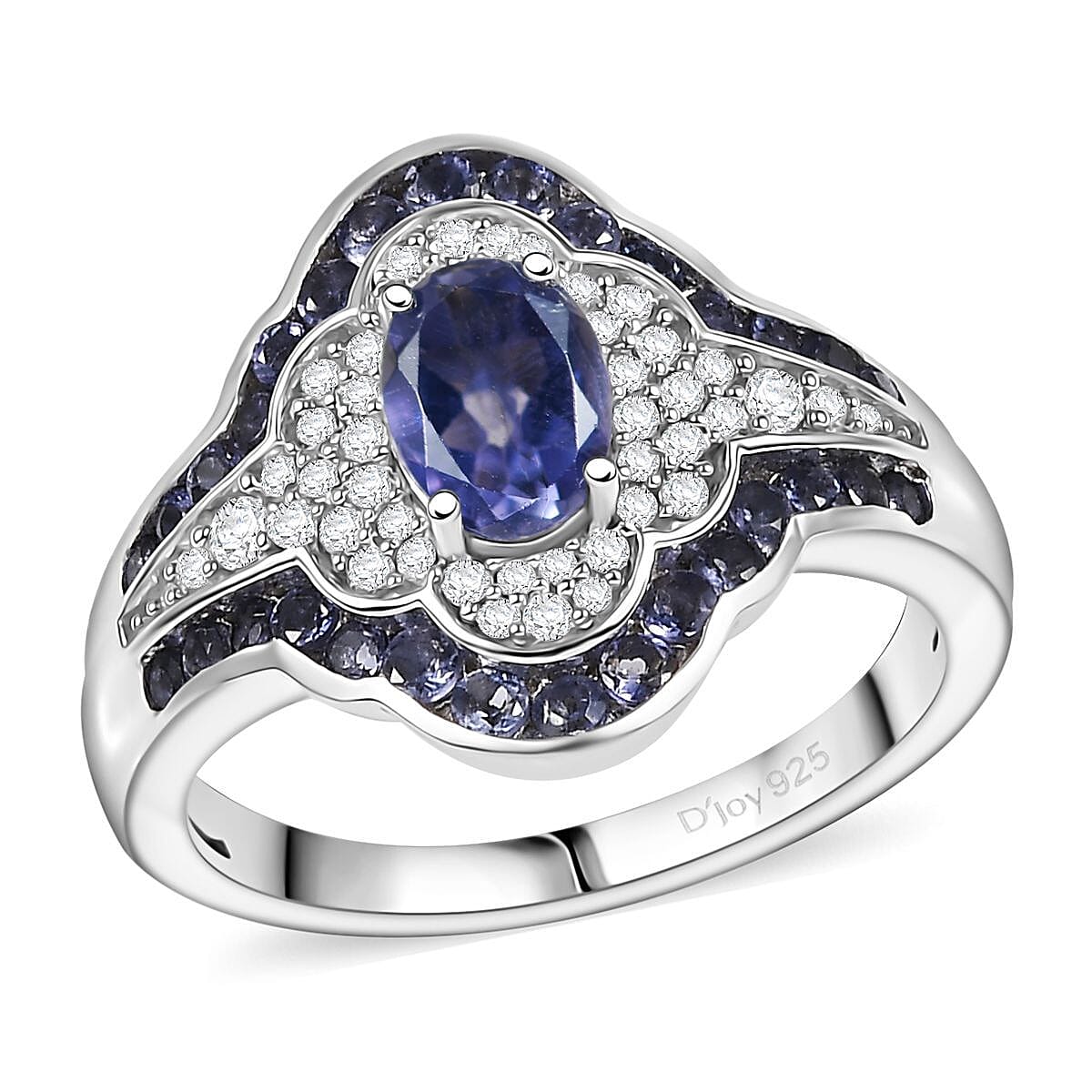 D'Joy Catalina Iolite, White Zircon Nebula Crown Ring in Rhodium Over Sterling Silver (Size 10.0) (Del. in 10-12 Days) 1.75 ctw
