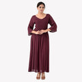 Plum Rayon Crepe Smocked Bodice Dress with Bell Sleeve - Sticky add to cart bar