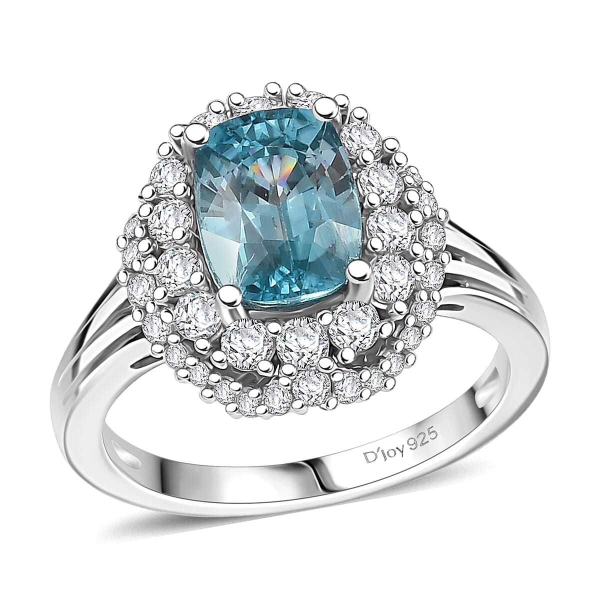 D'Joy Cambodian Blue Zircon and White Zircon 3.50 ctw Ring in Rhodium Over Sterling Silver