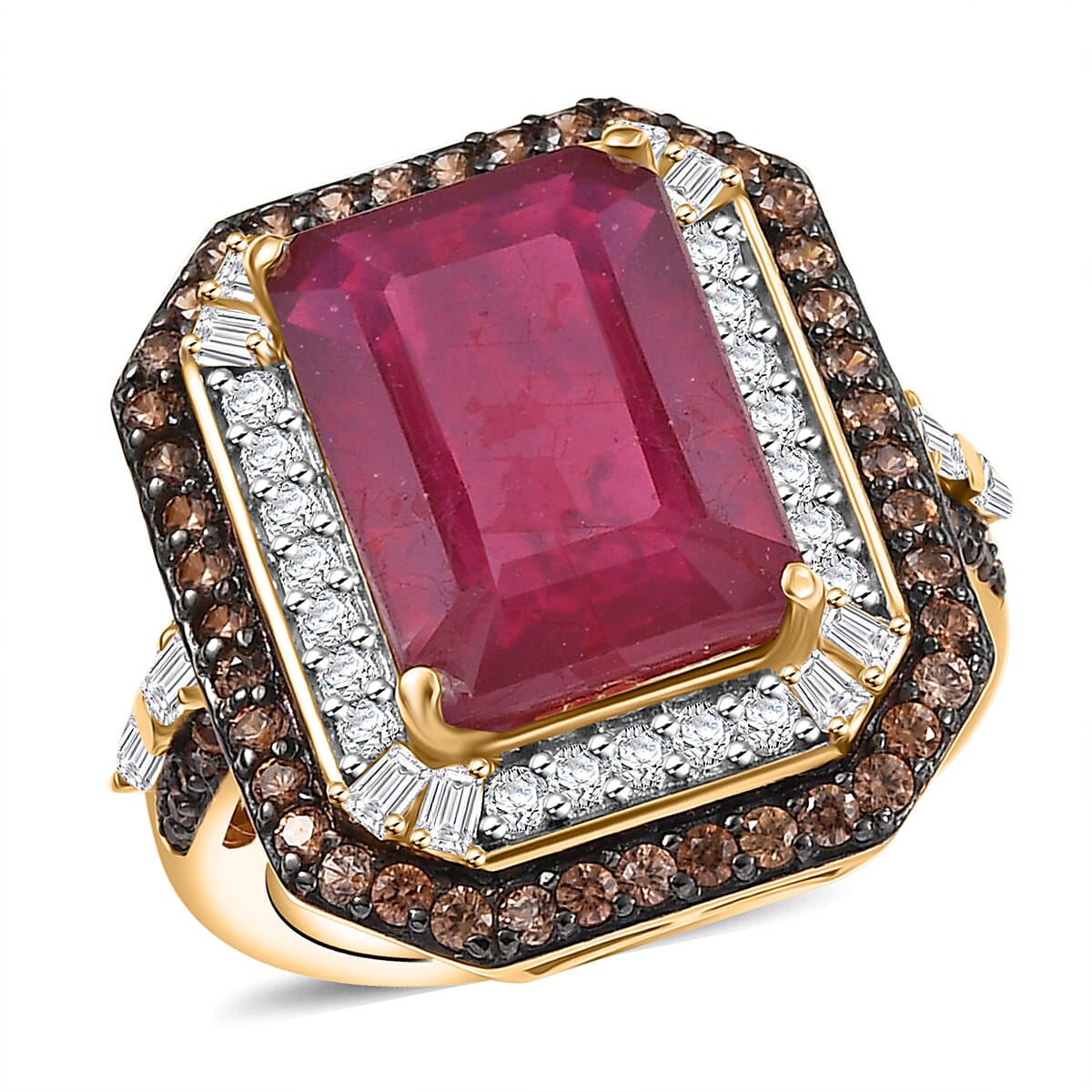 D'Joy Niassa Ruby (FF), White and Chocolate Zircon Ring in 18K Vermeil YG Over Sterling Silver (Size 10.0) 12.80 ctw