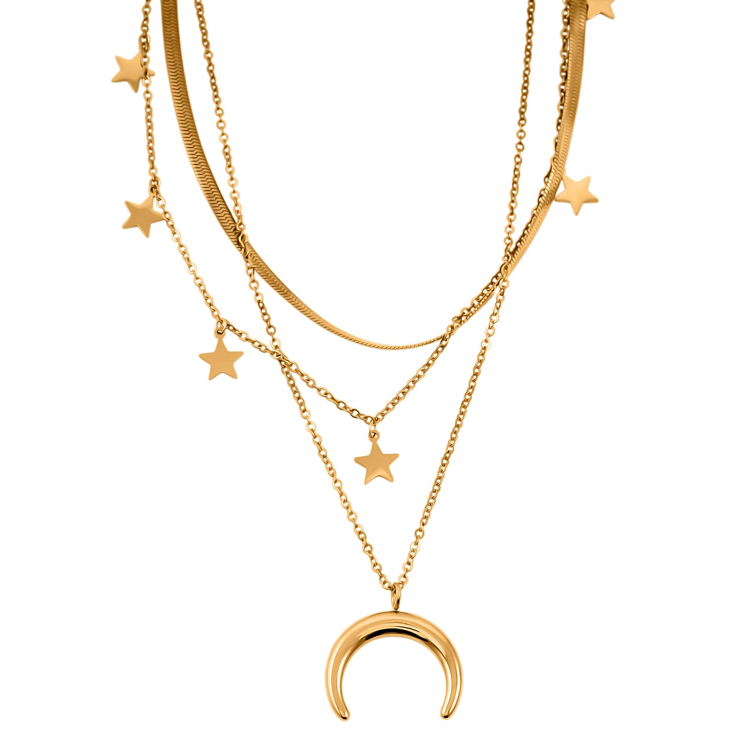 3 Layered Chain Star and Moon Charm Necklace with 2Inch Extender (16, 18 and 22 Inches) in ION Plated YG Stainless Steel