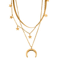 3 Layered Chain Star and Moon Charm Necklace with 2Inch Extender (16, 18 and 22 Inches) in ION Plated YG Stainless Steel
